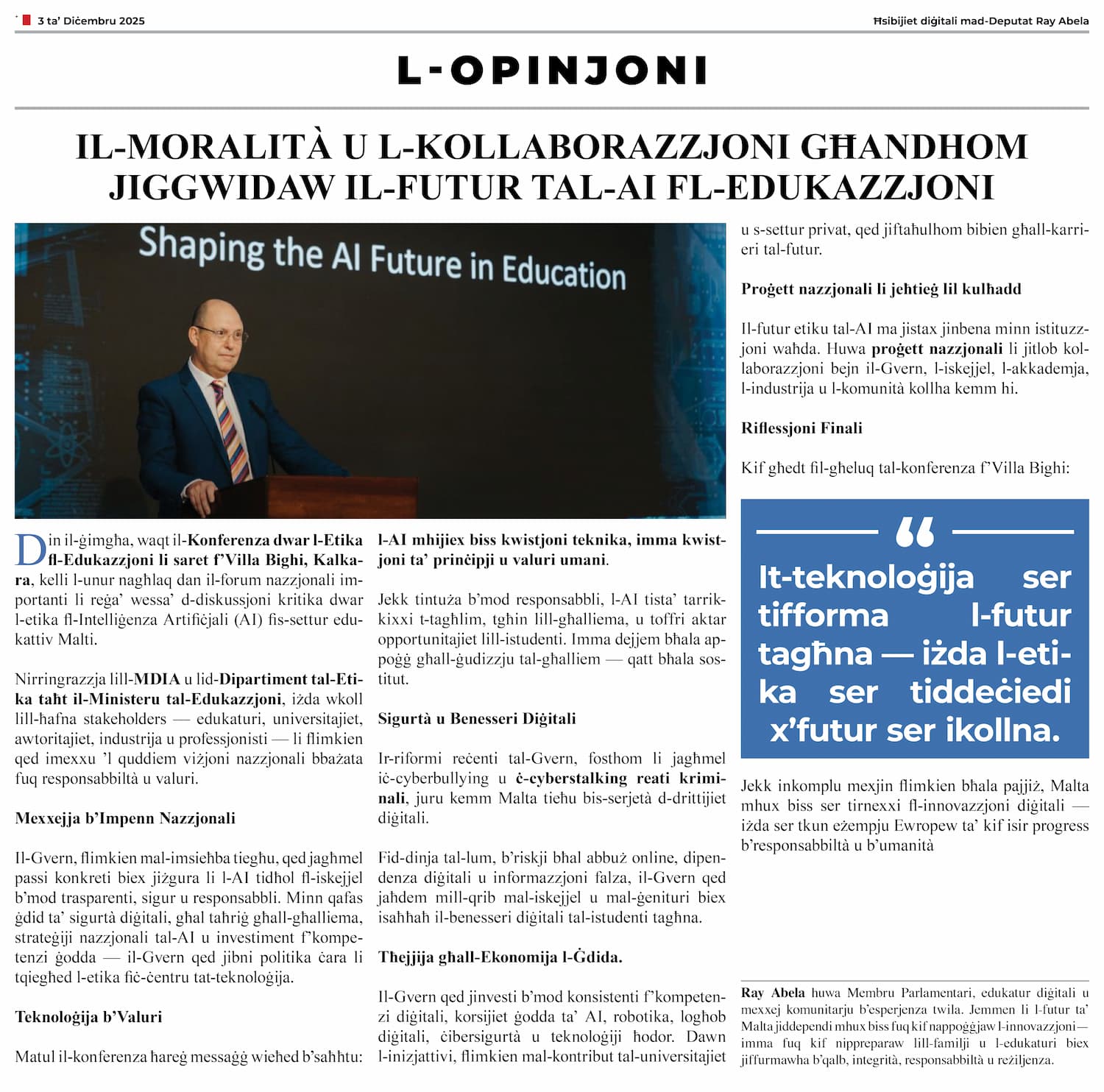 Ray Abela — article excerpt, L-Opinjoni, December 3, 2025